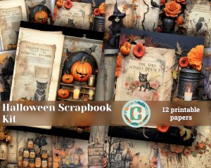 12 papers | Halloween Themed Junk Journal Kit | Scrapbooking, Printable Pages, Shabby Chic, Fairy Tale Watercolor Illustrations