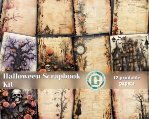 12 papers | Halloween Themed Junk Journal Background with Colorful Illustrations and Big Elements for Scrapbooking, Invitations