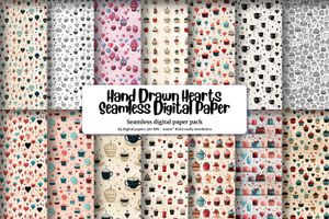 Seamless Repeat Pattern Digital Paper with Hand Drawn Hearts Doodle Icons, Backgrounds