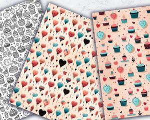 Seamless Repeat Pattern Digital Paper with Hand Drawn Hearts Doodle Icons, Backgrounds