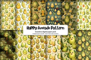 Colorful Cartoon Happy Avocado Seamless Texture Digital Paper Set - Instant Download, Scrapbooking, Crafts, Stationery, DIY Projects