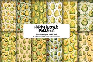 Cartoon Happy Avocado Digital Paper Set with Seamless Texture - High Quality Clipart Patterns for Scrapbooking, Crafts, and DIY Projects