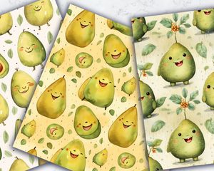 Cartoon Happy Avocado Digital Paper Set with Seamless Texture - High Quality Clipart Patterns for Scrapbooking, Crafts, and DIY Projects