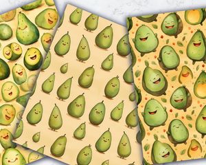 Cartoon Happy Avocado Digital Paper Set with Seamless Texture - High Quality Clipart Patterns for Scrapbooking, Crafts, and DIY Projects