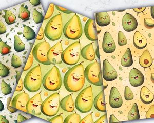 Cartoon Happy Avocado Digital Paper Set with Seamless Texture - High Quality Clipart Patterns for Scrapbooking, Crafts, and DIY Projects