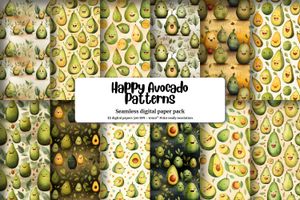 Colorful Cartoon Happy Avocado Digital Paper Set - Seamless Texture Patterns for Crafts, Scrapbooking, and DIY Projects - Instant Download