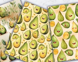 Colorful Cartoon Happy Avocado Digital Paper Set - Seamless Texture Patterns for Crafts, Scrapbooking, and DIY Projects - Instant Download