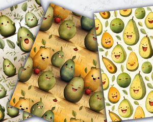 Colorful Cartoon Happy Avocado Digital Paper Set - Seamless Texture Patterns for Crafts, Scrapbooking, and DIY Projects - Instant Download