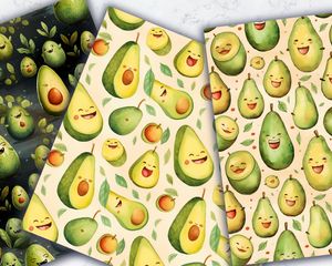 Colorful Cartoon Happy Avocado Digital Paper Set - Seamless Texture Patterns for Crafts, Scrapbooking, and DIY Projects - Instant Download