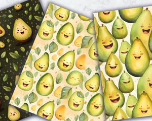 Cartoon Happy Avocado Digital Paper Set | Seamless Texture for Scrapbooking, Crafts, and Invitations | Instant Download | Printable Pattern