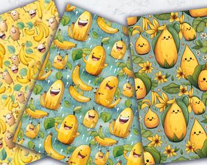 Colorful Cartoon Happy Banana Digital Paper Seamless Texture - Instant Download - Scrapbooking Background - Commercial Use - Printable Paper