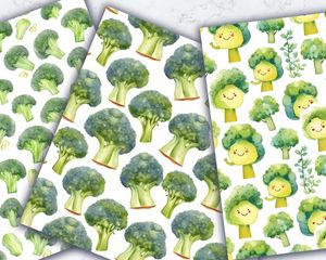 Colorful Cartoon Happy Broccoli Digital Paper Bundle for Crafts and Scrapbooking - Seamless Texture Clipart Pack for Printables, Cards