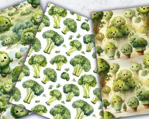 Cartoon Happy Broccoli Digital Paper Seamless Texture - Instant Download - Scrapbooking, Crafts, Printables, Stationery - Commercial Use