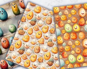 Colorful Cartoon Happy Egg Digital Paper Seamless Texture - High-Quality Printable Pattern for Scrapbooking, Crafts, and DIY Projects