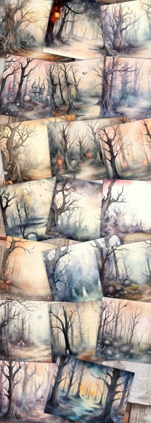 20 Pages of Haunted Forest Background, Mystic Fairy Tale Watercolor Illustration, Shabby Chic Ephemera, Scrapbooking, Invitations