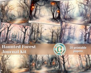 20 Pages of Haunted Forest Background, Mystic Fairy Tale Watercolor Illustration, Shabby Chic Ephemera, Scrapbooking, Invitations