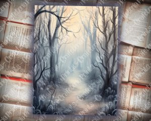 16 pages of Haunted Forest Background, Mystic Fairy Tale Forest Watercolor Illustration, Shabby Chic Ephemera for Scrapbooking, Invitations