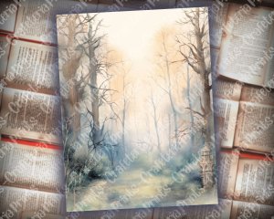 16 pages of Haunted Forest Background, Mystic Fairy Tale Forest Watercolor Illustration, Shabby Chic Ephemera for Scrapbooking, Invitations