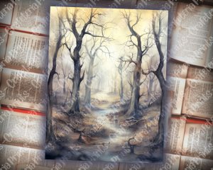 16 pages of Haunted Forest Background, Mystic Fairy Tale Forest Watercolor Illustration, Shabby Chic Ephemera for Scrapbooking, Invitations