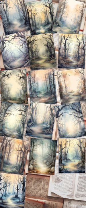 16 pages of Haunted Forest Background, Mystic Fairy Tale Forest Watercolor Illustration, Shabby Chic Ephemera for Scrapbooking, Invitations