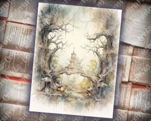 23 Pages of Haunted Forest Background Mystic Fairy Tale Watercolor Illustration - Shabby Chic Ephemera - Scrapbooking, Invitations