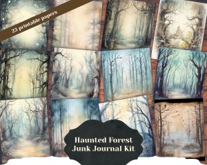 23 Pages of Haunted Forest Background Mystic Fairy Tale Watercolor Illustration - Shabby Chic Ephemera - Scrapbooking, Invitations