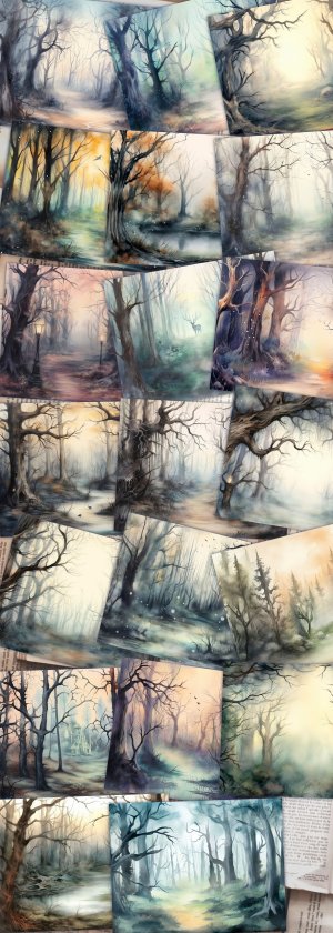 20 Pages of Haunted Forest Background, Mystic Fairy Tale Forest Watercolor Illustration, Shabby Chic Ephemera - Scrapbooking, Invitations