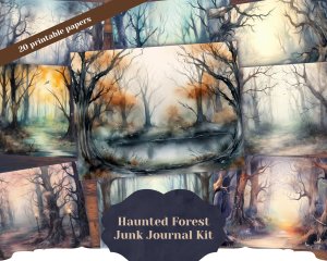 20 Pages of Haunted Forest Background, Mystic Fairy Tale Forest Watercolor Illustration, Shabby Chic Ephemera - Scrapbooking, Invitations