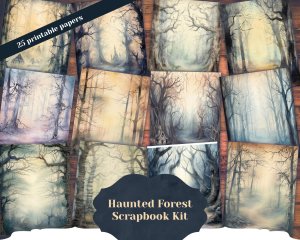 25 pages of Haunted Forest Mystic Fairy Tale Watercolor Scrapbooking Backgrounds - Shabby Chic Ephemera for Invitations, Digital Planners