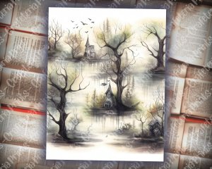 18 Pages of Haunted Forest Background, Mystic Fairy Tale Forest Watercolor Illustration, Shabby Chic Ephemera for Scrapbooking, Invitations