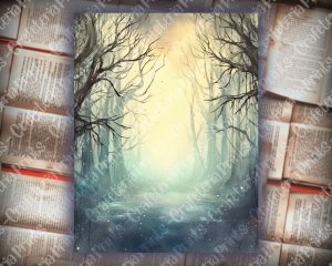 18 Pages of Haunted Forest Background, Mystic Fairy Tale Forest Watercolor Illustration, Shabby Chic Ephemera for Scrapbooking, Invitations