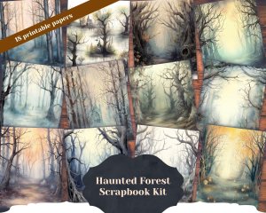 18 Pages of Haunted Forest Background, Mystic Fairy Tale Forest Watercolor Illustration, Shabby Chic Ephemera for Scrapbooking, Invitations