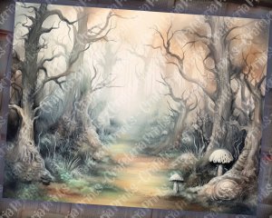 20 Pages of Haunted Forest Background, Mystic Fairy Tale Forest Watercolor Illustration, Shabby Chic Ephemera, Scrapbooking, Invitations