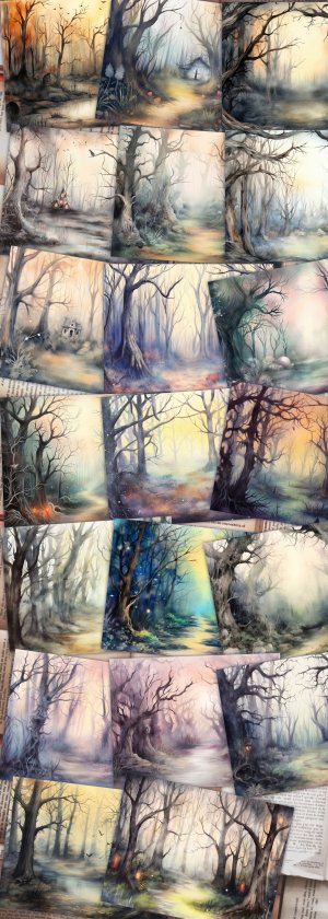 20 Pages of Haunted Forest Background, Mystic Fairy Tale Forest Watercolor Illustration, Shabby Chic Ephemera, Scrapbooking, Invitations