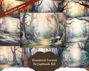 20 Pages of Haunted Forest Background, Mystic Fairy Tale Forest Watercolor Illustration, Shabby Chic Ephemera, Scrapbooking, Invitations