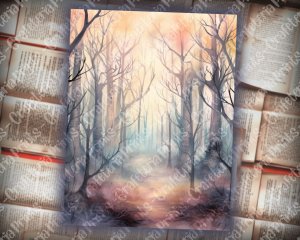 16 pages of Haunted Forest Background, Mystic Fairy Tale Forest Watercolor Illustration, Shabby Chic Ephemera, Scrapbooking Background