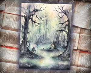 16 pages of Haunted Forest Background, Mystic Fairy Tale Forest Watercolor Illustration, Shabby Chic Ephemera, Scrapbooking Background