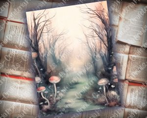 16 pages of Haunted Forest Background, Mystic Fairy Tale Forest Watercolor Illustration, Shabby Chic Ephemera, Scrapbooking Background