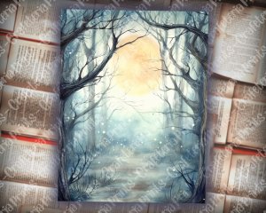 16 pages of Haunted Forest Background, Mystic Fairy Tale Forest Watercolor Illustration, Shabby Chic Ephemera, Scrapbooking Background