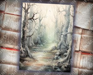 16 pages of Haunted Forest Background, Mystic Fairy Tale Forest Watercolor Illustration, Shabby Chic Ephemera, Scrapbooking Background