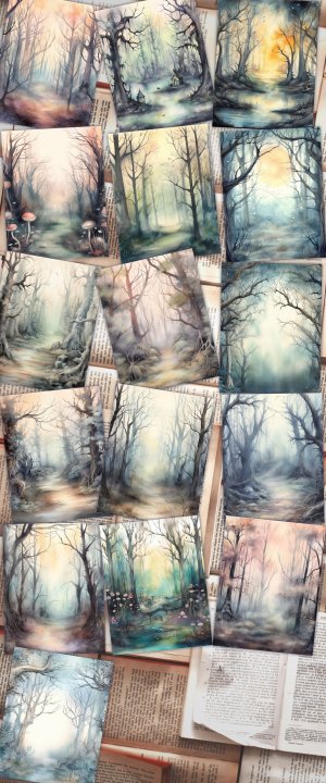 16 pages of Haunted Forest Background, Mystic Fairy Tale Forest Watercolor Illustration, Shabby Chic Ephemera, Scrapbooking Background