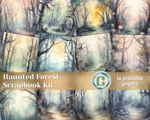 16 pages of Haunted Forest Background, Mystic Fairy Tale Forest Watercolor Illustration, Shabby Chic Ephemera, Scrapbooking Background