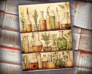 12 papers | Vintage Herb and Flask Diagram Shabby Chic Ephemera, Scrapbooking and Invitation Design Kit, Junk Journal Printable Pages