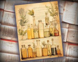 12 papers | Vintage Herb and Flask Diagram Shabby Chic Ephemera, Scrapbooking and Invitation Design Kit, Junk Journal Printable Pages