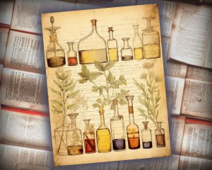 12 papers | Vintage Herb and Flask Diagram Shabby Chic Ephemera, Scrapbooking and Invitation Design Kit, Junk Journal Printable Pages