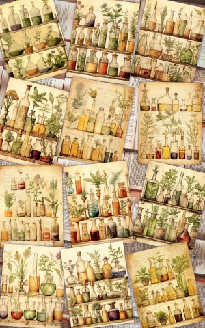 12 papers | Vintage Herb and Flask Diagram Shabby Chic Ephemera, Scrapbooking and Invitation Design Kit, Junk Journal Printable Pages