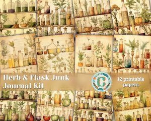 12 papers | Vintage Herb and Flask Diagram Shabby Chic Ephemera, Scrapbooking and Invitation Design Kit, Junk Journal Printable Pages