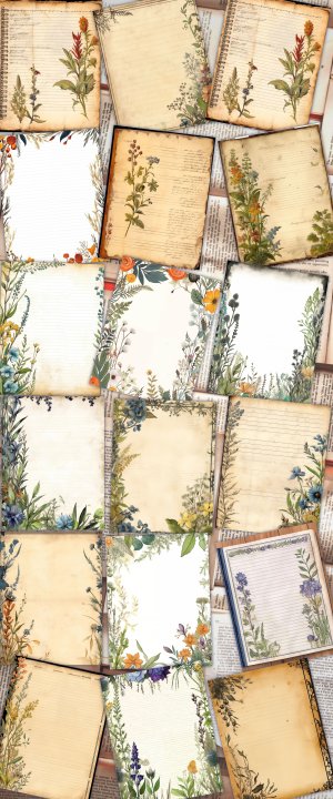 18 papers | Herbalist's Notebook Border Design, Junk Journal Kit, Printable Shabby Chic Ephemera, Scrapbooking Paper Collection