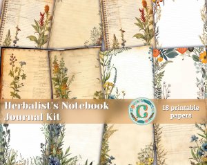 18 papers | Herbalist's Notebook Border Design, Junk Journal Kit, Printable Shabby Chic Ephemera, Scrapbooking Paper Collection