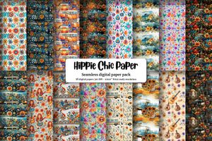 Hippie Pattern Digital Paper Pack, Watercolor Illustration Style, Seamless Texture, Boho Chic Design, Printable Scrapbooking Paper